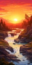 Vibrant Illustrations Of Sunset Waterfalls In The Mountain