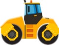 Cartoon road roller featuring two large wheels and a cabin with blue windows, compacting soil during road construction and Royalty Free Stock Photo