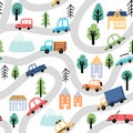 Cartoon roads and cars, city map kid seamless pattern. Wallpaper with street, trees, houses and trucks. Travel doodle