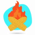 Cartoon the roasted corn. Vector illustration of barbecue corn on a background of fire.