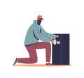 Cartoon robber in mask trying to open big safe. Robbery, burglary and theft concept