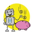 Cartoon Robot saving money in piggy bank