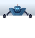 Cartoon robot stand behind blank poster space for text. Blue retro cyborg character holding empty white board for