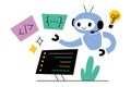 Cartoon robot writing code, programming software, artificial intelligence assisting developers. Futuristic technology