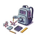 A cartoon of a robotic backpack with mechanical arms assembling Royalty Free Stock Photo