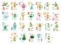 Cartoon robots alphabet. Funny robot characters, ABC letters for kids and education poster with robotic friend mascots Royalty Free Stock Photo