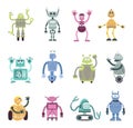 Cartoon robots characters. Mechanical robot, retro toy monsters. Cute kids friends, automation cyborgs and androids