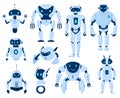 Cartoon robots, cyborg machine artificial intelligence characters. Digital cyborgs and modern technology machines vector