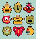 Cartoon robots and monsters faces in color. Royalty Free Stock Photo