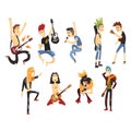 Cartoon rock artists characters singing and playing on musical instruments. Guys with colorful haircuts. Guitarists and Royalty Free Stock Photo