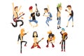 Cartoon rock artists characters singing and playing on musical instruments. Guys with colorful haircuts. Guitarists and Royalty Free Stock Photo