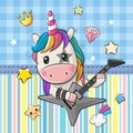 Cartoon rock unicorn with a guitar on a blue background Royalty Free Stock Photo