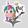 Cartoon rock unicorn with a guitar on a white background