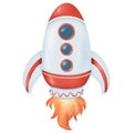 Cartoon rocket with fiery thruster. Watercolor isolated illustration. Space explorer, intergalactic ship in blue and white. Cosmos