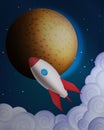 Cartoon rocket in front of the planet