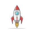 Cartoon rocket ship taking off with flame. Vector illustration of a spaceship Royalty Free Stock Photo