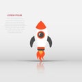 Cartoon rocket space ship icon in flat style. Spaceship vector illustration on white isolated background. Rocket start business Royalty Free Stock Photo