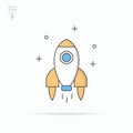 Outlined retro spaceship icon. Cartoon rocket spaceship take off. Isolated vector illustration.