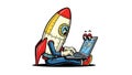 Cartoon Rocket Using Laptop. Startup, Technology, Innovation Concept. Royalty Free Stock Photo