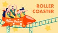 Cartoon Rollercoaster in Amusement Park Flat Card