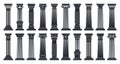 Cartoon roman columns, doric and corinthian architecture order silhouettes. Greek classic columns, black ancient temple columns