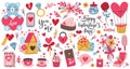 Cartoon romantic love valentines day elements and stickers. Heart shape, sweets, cake and flowers vector symbols set