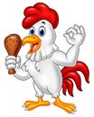 Cartoon rooster holding fried chicken and giving OK sign