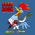 HARD ROCK inscription. Cartoon funny rooster performs rock music. Colorful vector drawing of a cockerel with a guitar. Cartoon