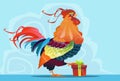 Cartoon Rooster With Present Box Happy New Year Banner