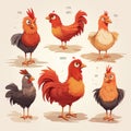 Cartoon roosters set isolated on white background. Vector illustration