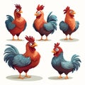 Cartoon roosters set isolated on white background. Vector illustration