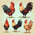 Cartoon roosters set isolated on white background. Vector illustration