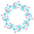 Cartoon round frame of seashells, bubbles and starfish on a white background in the Scandinavian style. Stylish childish nautical