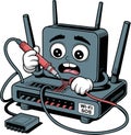 Cartoon Router Character with Scared Expression Cutting Cables with Pliers Wi-Fi SOS Royalty Free Stock Photo