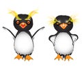 Cartoon royal penguins with big yellow eyebrows indignant and angry