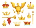 Cartoon royal symbols. Imperial crowns. Scepter and ord. Coat of arms with eagle. King or queen precious headdresses