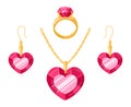 Cartoon ruby golden jewelry. Precious necklace, ring and gold earrings, glamorous jewelry, ruby gemstones set flat vector