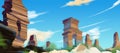 Cartoon ruins city against blue sky
