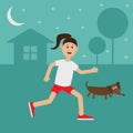 Cartoon running girl Dachshund dog. Cute run woman Night summer time. House, tree silhouette. Stars shining. Jogging lady Runner F Royalty Free Stock Photo