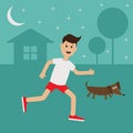 Cartoon running guy Dachshund dog. Night summer time. House, tree silhouette. Stars shining. Cute run boy Jogging man Runner outs Royalty Free Stock Photo
