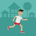 Cartoon running guy. Night summer time. House, tree silhouette. Cute run boy Jogging man Runner outside Fitness cardio workout Run Royalty Free Stock Photo