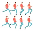 Cartoon running man in casual clothes. Young male jogging. Animation frames sequence isolated vector set Royalty Free Stock Photo