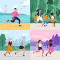 Cartoon running workout. Runner run outdoor at park fitness track, athlete on stadium, sportsman runners vector Royalty Free Stock Photo