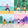 Cartoon running workout. Runner run outdoor at park fitness track, athlete on stadium, sportsman runners vector illustration set Royalty Free Stock Photo