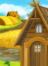 Cartoon rural house in farm land on meadow illustration