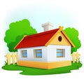 Cartoon rural house with among trees and fence Royalty Free Stock Photo