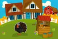 Cartoon rural scene with farm animal turkey near the wooden well