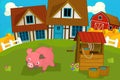 Cartoon rural scene with farm animal pig near the wooden well