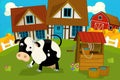 Cartoon rural scene with farm animal cow near some wooden well