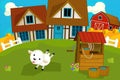 Cartoon rural scene with farm animal sheep near some wooden well